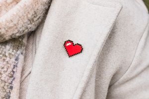 Wooden Brooch Pixelated Red Heart